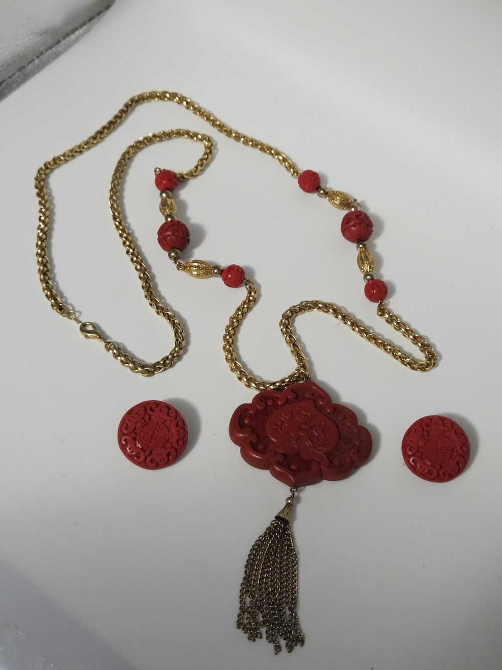 Red Carved Cinnabar Style Pendant Necklace & Clip-On Earrings